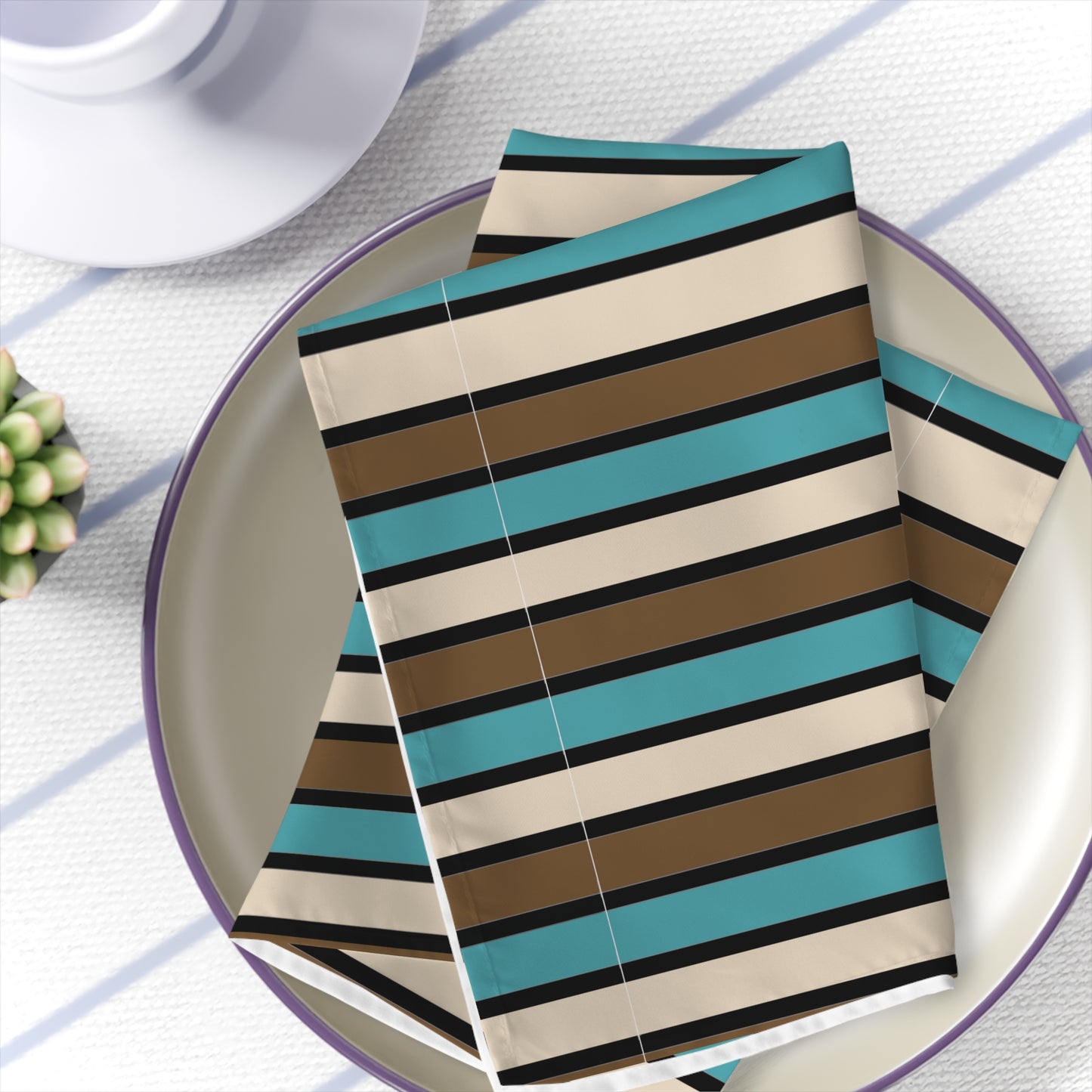 Funky 70's Style Striped Napkin: Light Blue/Cream/Coffee