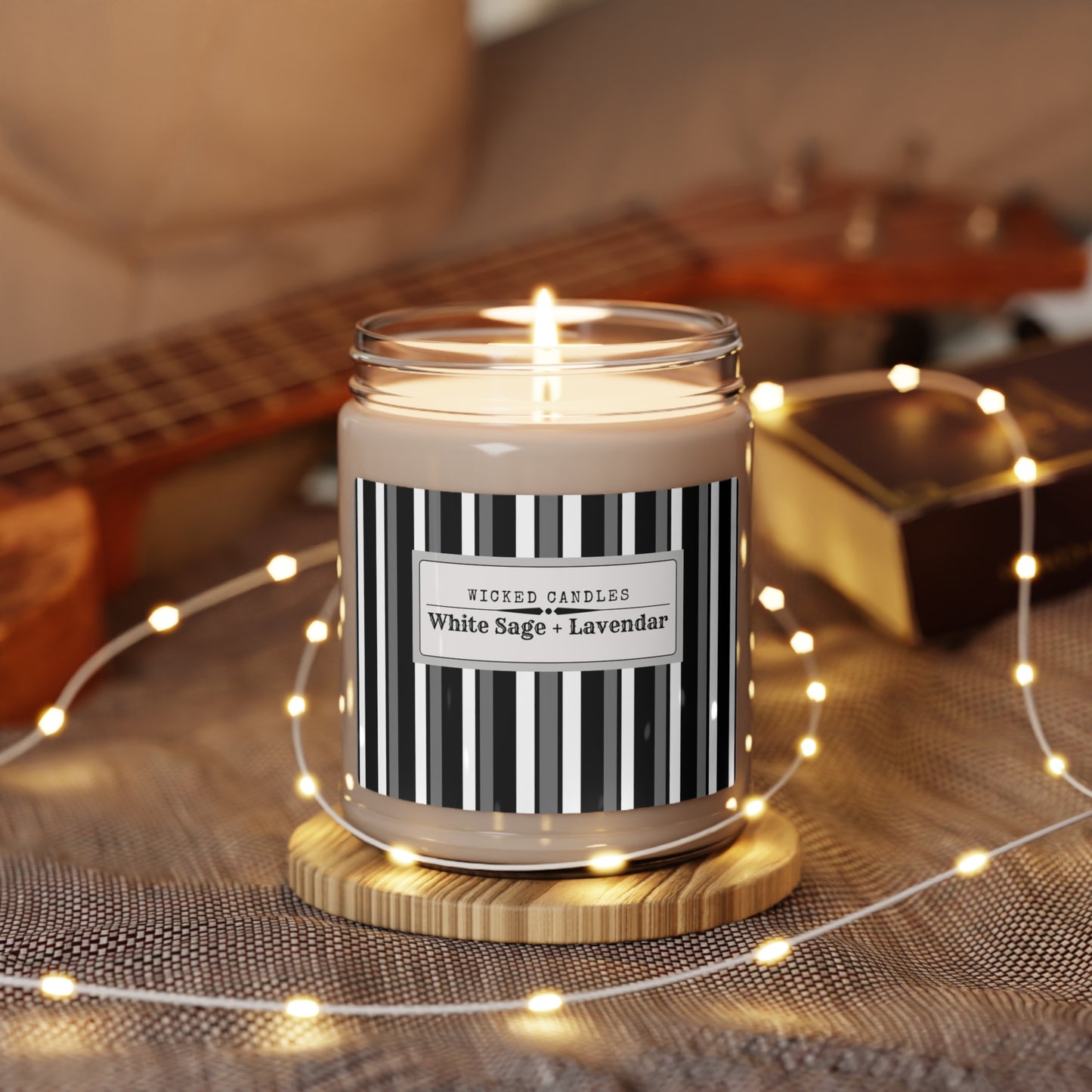 Funky 70's Style Retro Striped Scented Soy Candle, 9oz in Monochrome Black/White/Grey