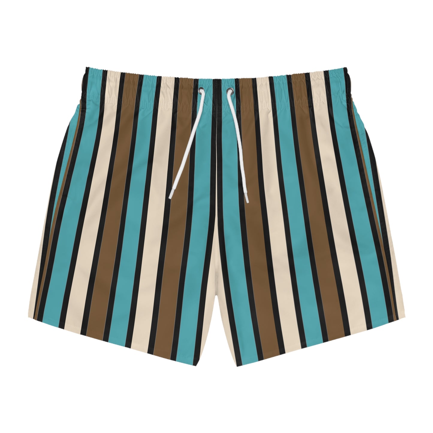 Funky 70's Style Retro Striped Swim Trunks in Light Blue/Cream/Coffee Brown