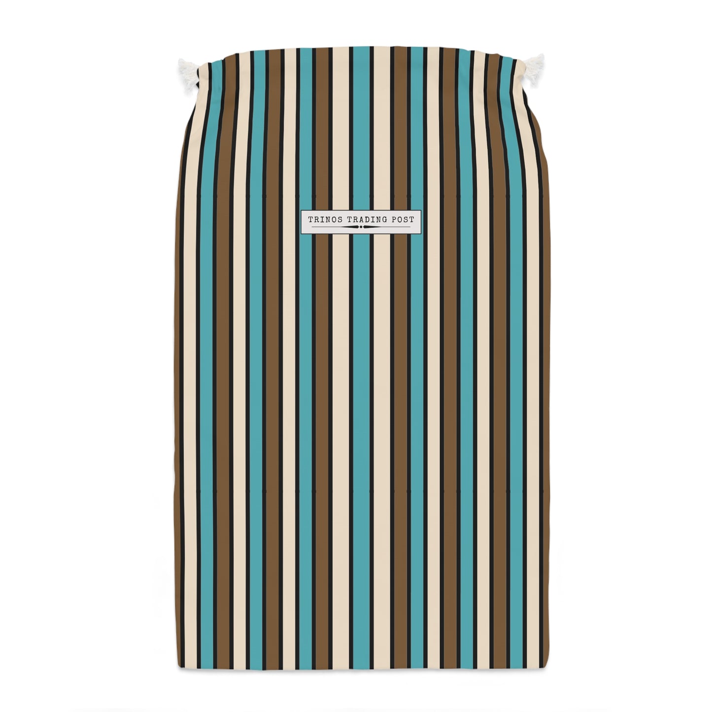 Funky 70's Style Retro Striped Super Delux Laundry Sack in Light Blue/Cream/Coffee Brown