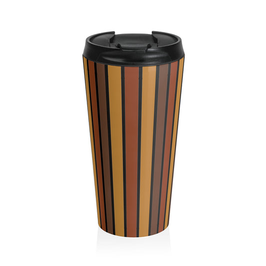 Funky 70's Style Retro Vertical Striped Stainless Steel Travel Mug in Shades of Mahogany