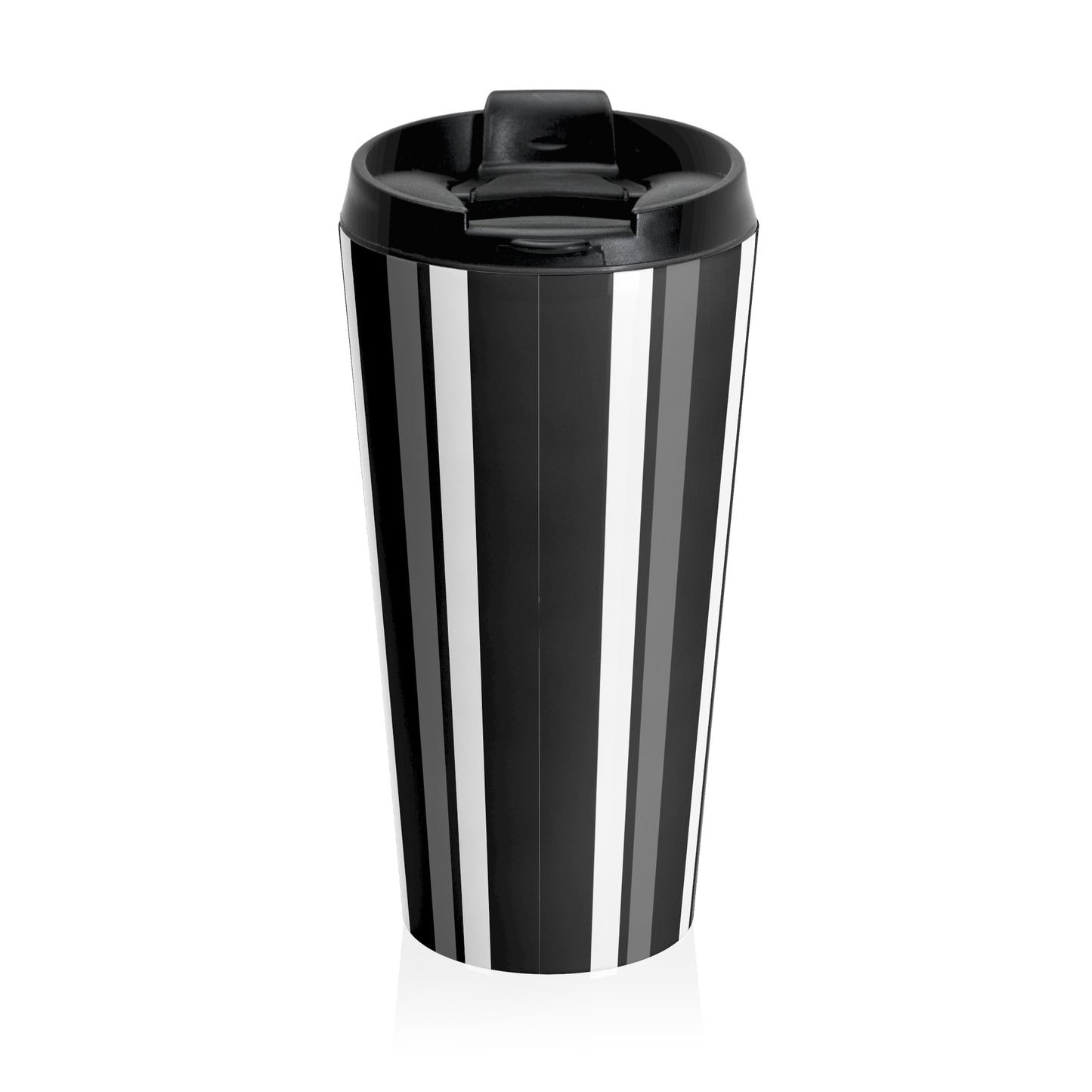 Funky 70's Style Retro Vertical Striped Stainless Steel Travel Mug in Monochrome Black/White/Grey