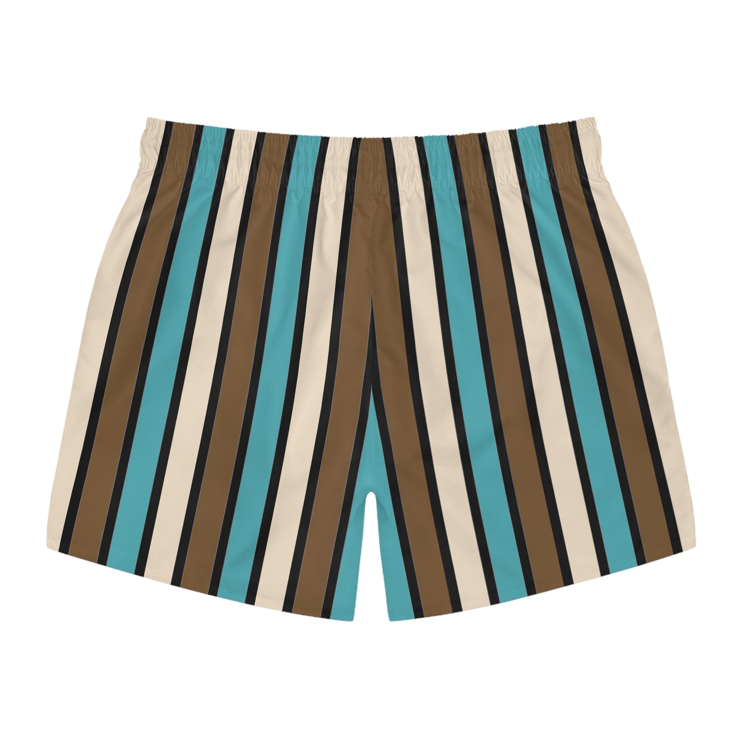 Funky 70's Style Retro Striped Swim Trunks in Light Blue/Cream/Coffee Brown