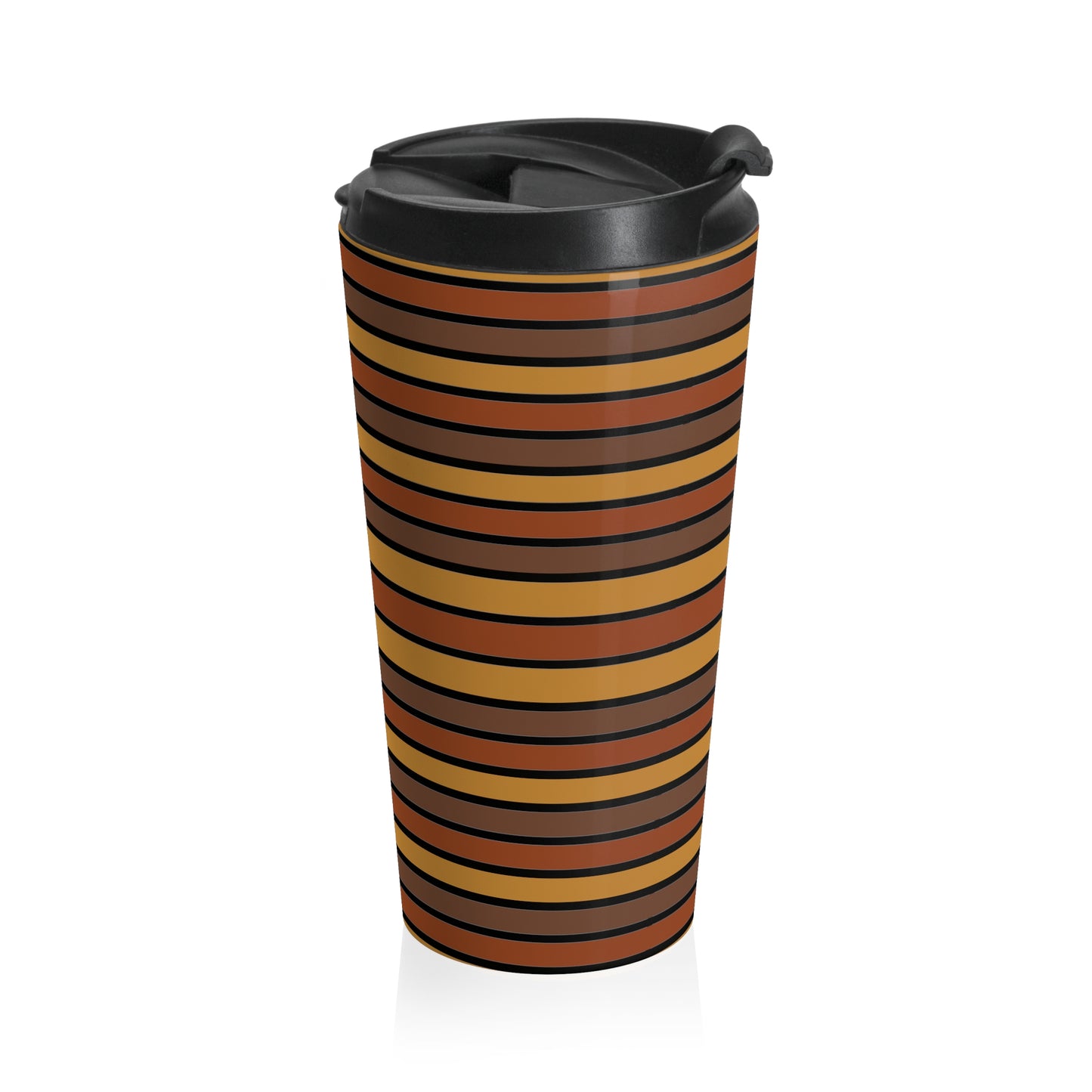 Funky 70's Style Retro Horizontal Striped Stainless Steel Travel Mug in Shades of Mahogany