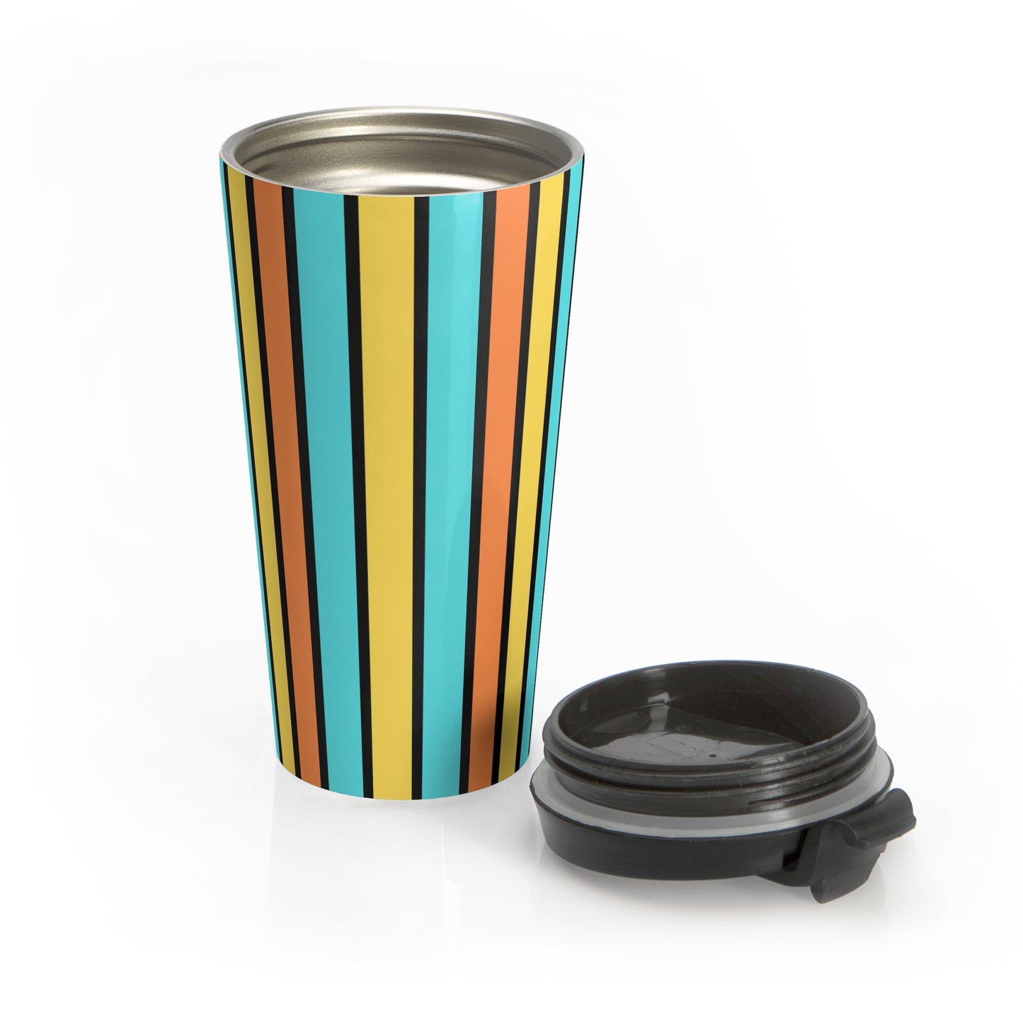 Funky 70's Style Retro Vertical Striped Stainless Steel Travel Mug in Goldenrod/Teal/Orange