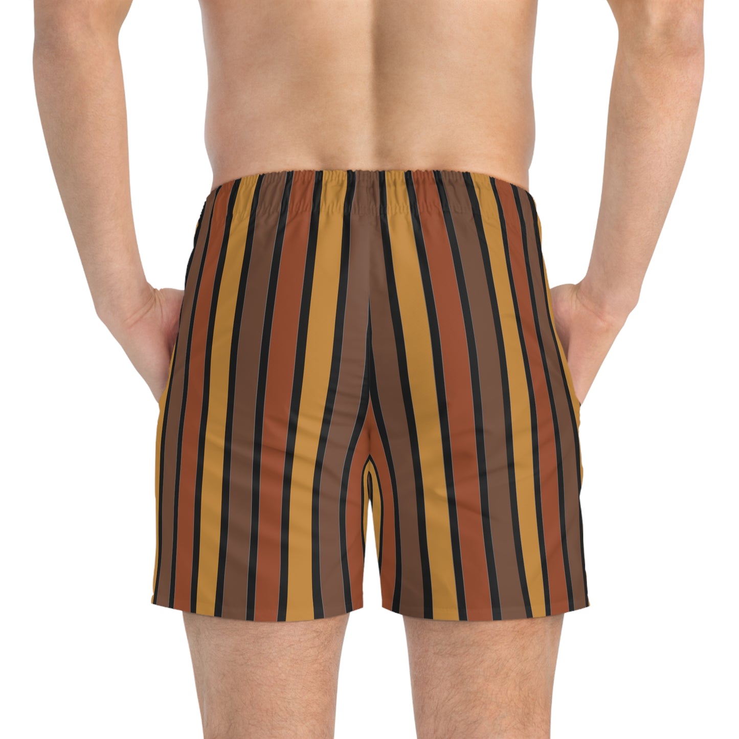 Funky 70's Style Retro Striped Swim Trunks in Shades of Mahogany