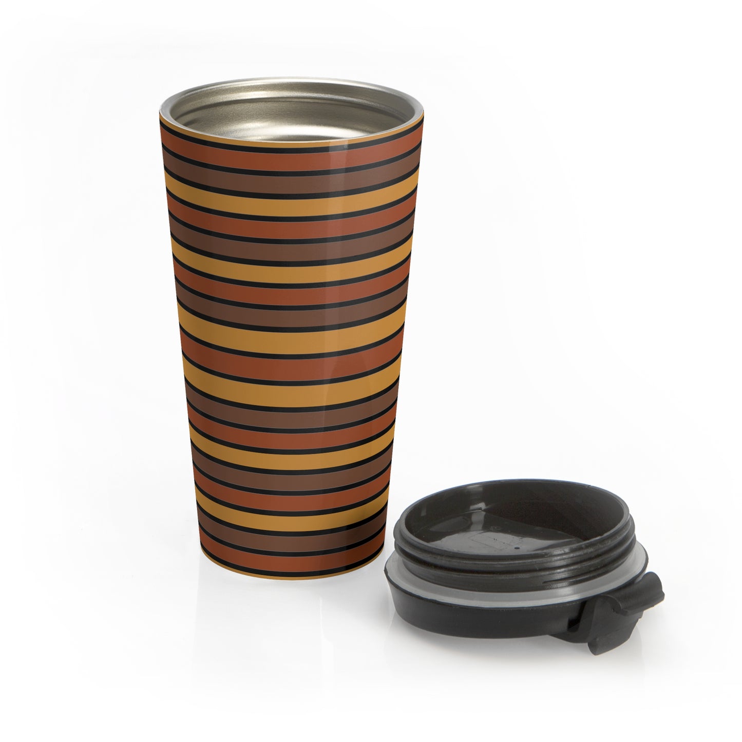 Funky 70's Style Retro Horizontal Striped Stainless Steel Travel Mug in Shades of Mahogany