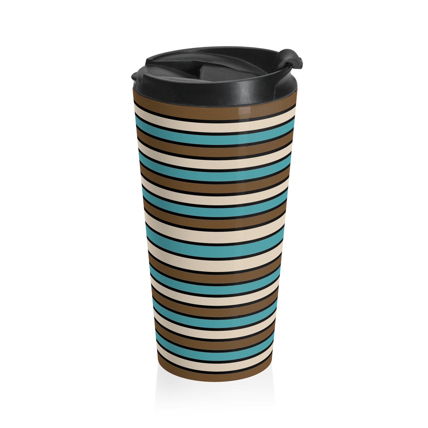 Funky 70's Style Retro Horizontal Striped Stainless Steel Travel Mug in Light blue/Cream/Coffee Brown