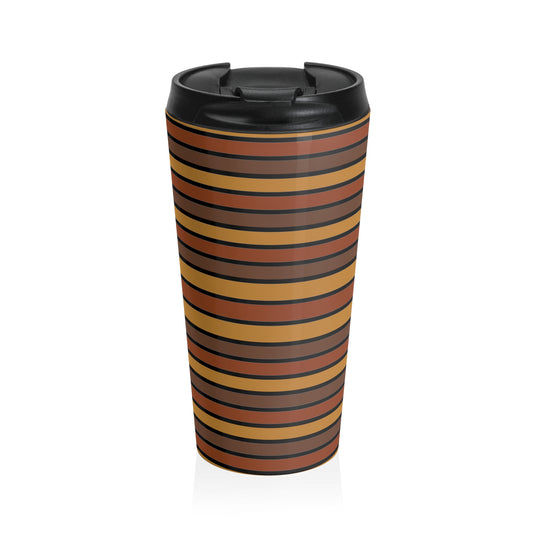 Funky 70's Style Retro Horizontal Striped Stainless Steel Travel Mug in Shades of Mahogany