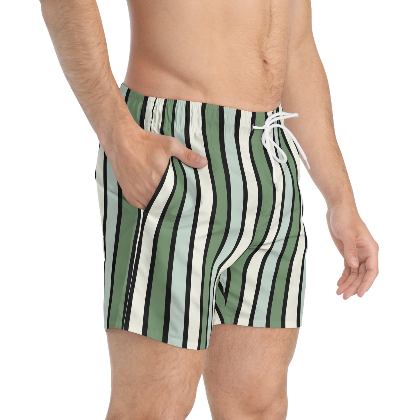 Funky 70's Style Retro Striped Swim Trunks in Shades of Seafoam Green