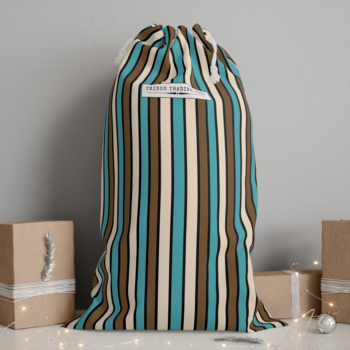 Funky 70's Style Retro Striped Super Delux Laundry Sack in Light Blue/Cream/Coffee Brown