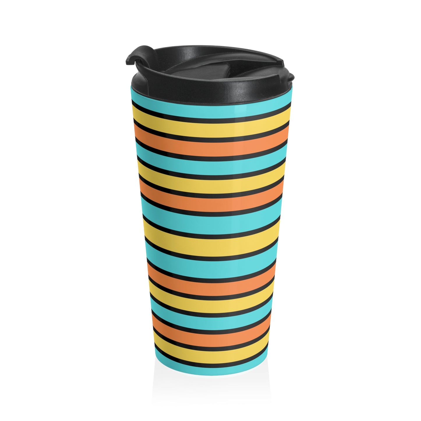 Funky 70's Style Retro Horizontal Striped Stainless Steel Travel Mug in Goldenrod/Teal/Orange