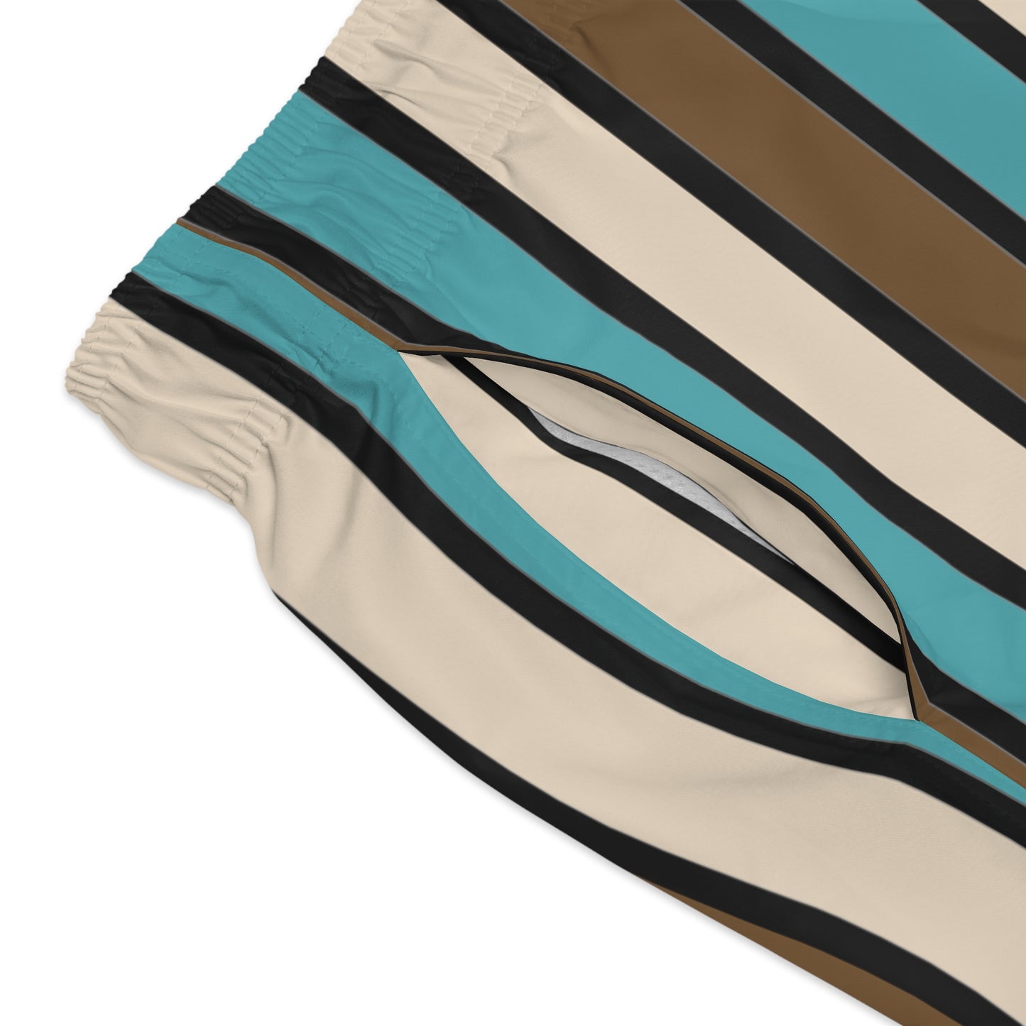 Funky 70's Style Retro Striped Swim Trunks in Light Blue/Cream/Coffee Brown