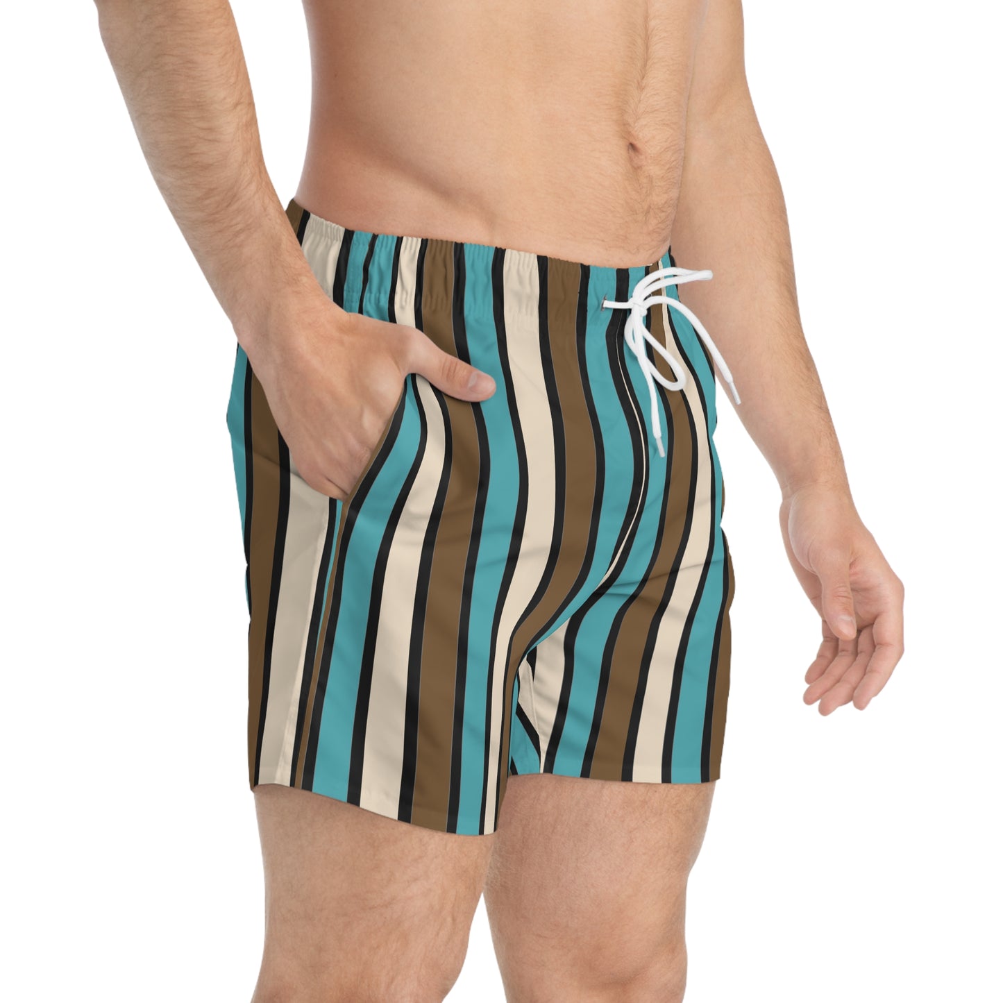 Funky 70's Style Retro Striped Swim Trunks in Light Blue/Cream/Coffee Brown