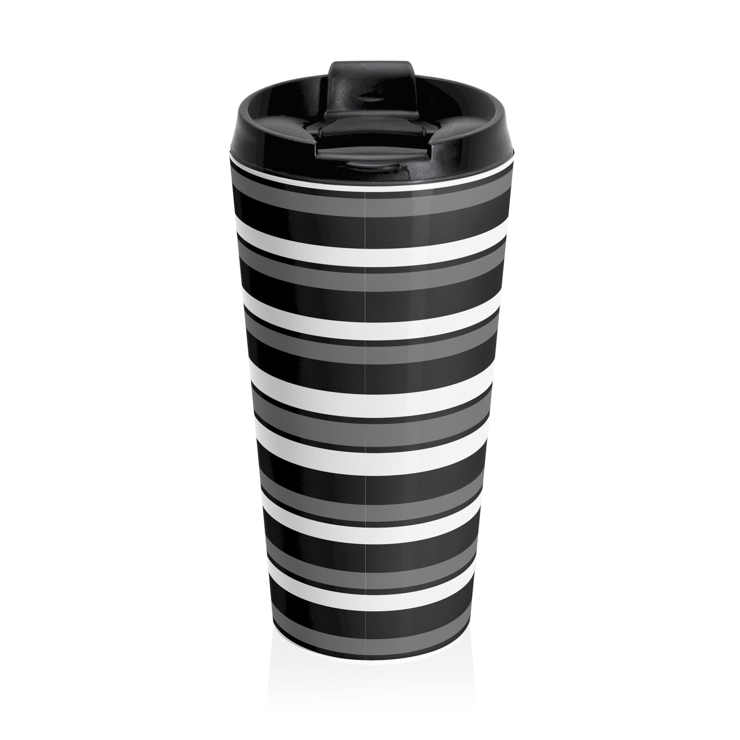 Funky 70's Style Retro Horizontal Striped Stainless Steel Travel Mug in Monochrome Black/White/Grey