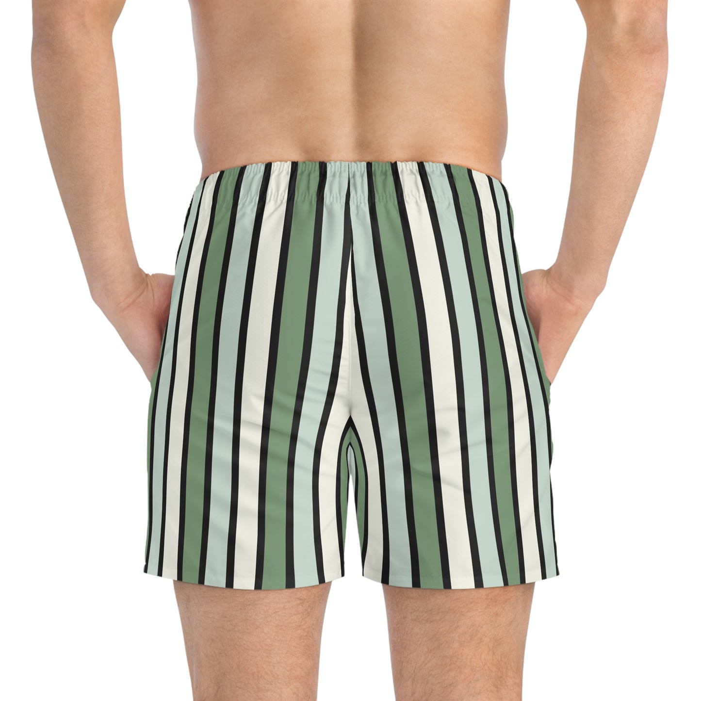 Funky 70's Style Retro Striped Swim Trunks in Shades of Seafoam Green