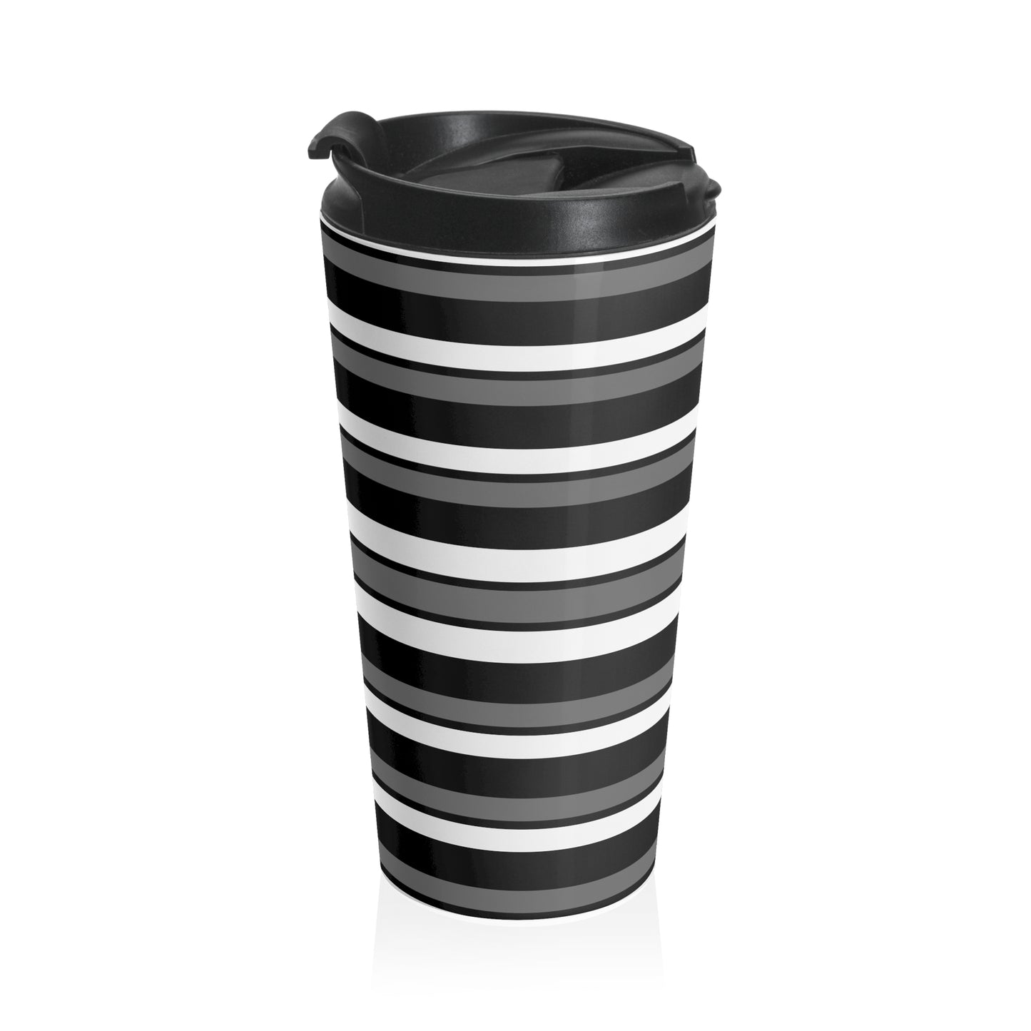 Funky 70's Style Retro Horizontal Striped Stainless Steel Travel Mug in Monochrome Black/White/Grey