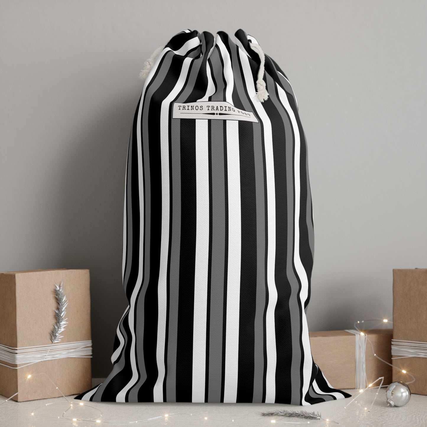 Funky 70's Style Retro Striped Super Delux Laundry Sack in Monochrome Black/White/Grey