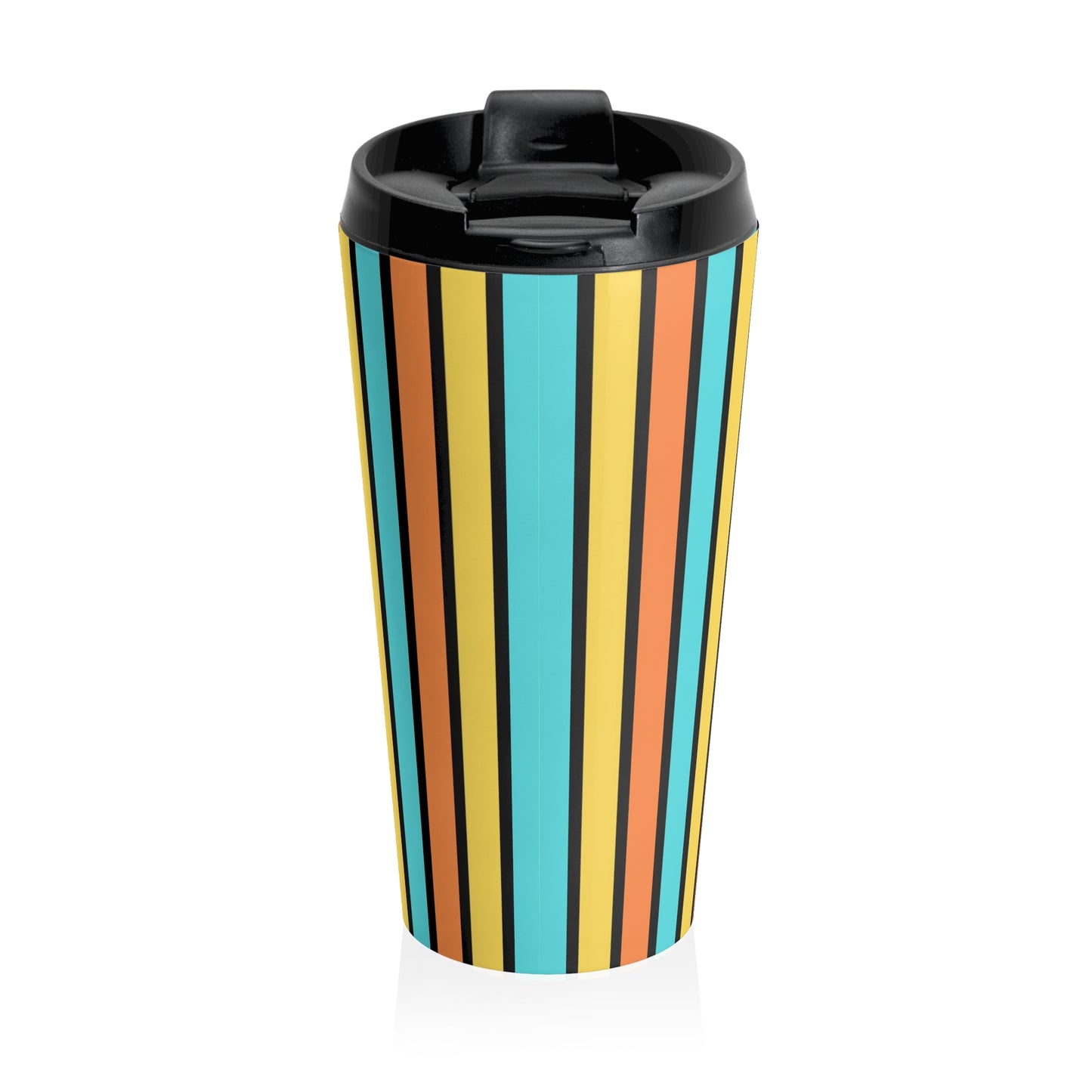 Funky 70's Style Retro Vertical Striped Stainless Steel Travel Mug in Goldenrod/Teal/Orange