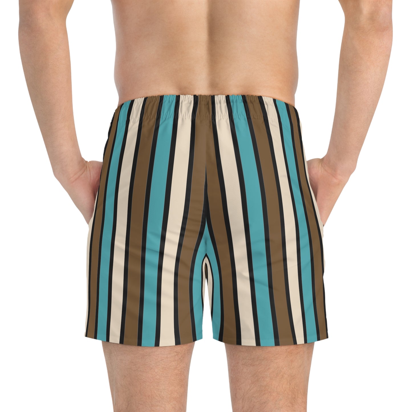 Funky 70's Style Retro Striped Swim Trunks in Light Blue/Cream/Coffee Brown