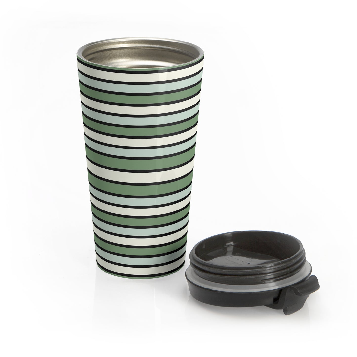 Funky 70's Style Retro Horizontal Striped Stainless Steel Travel Mug in Shades of Seafoam Green