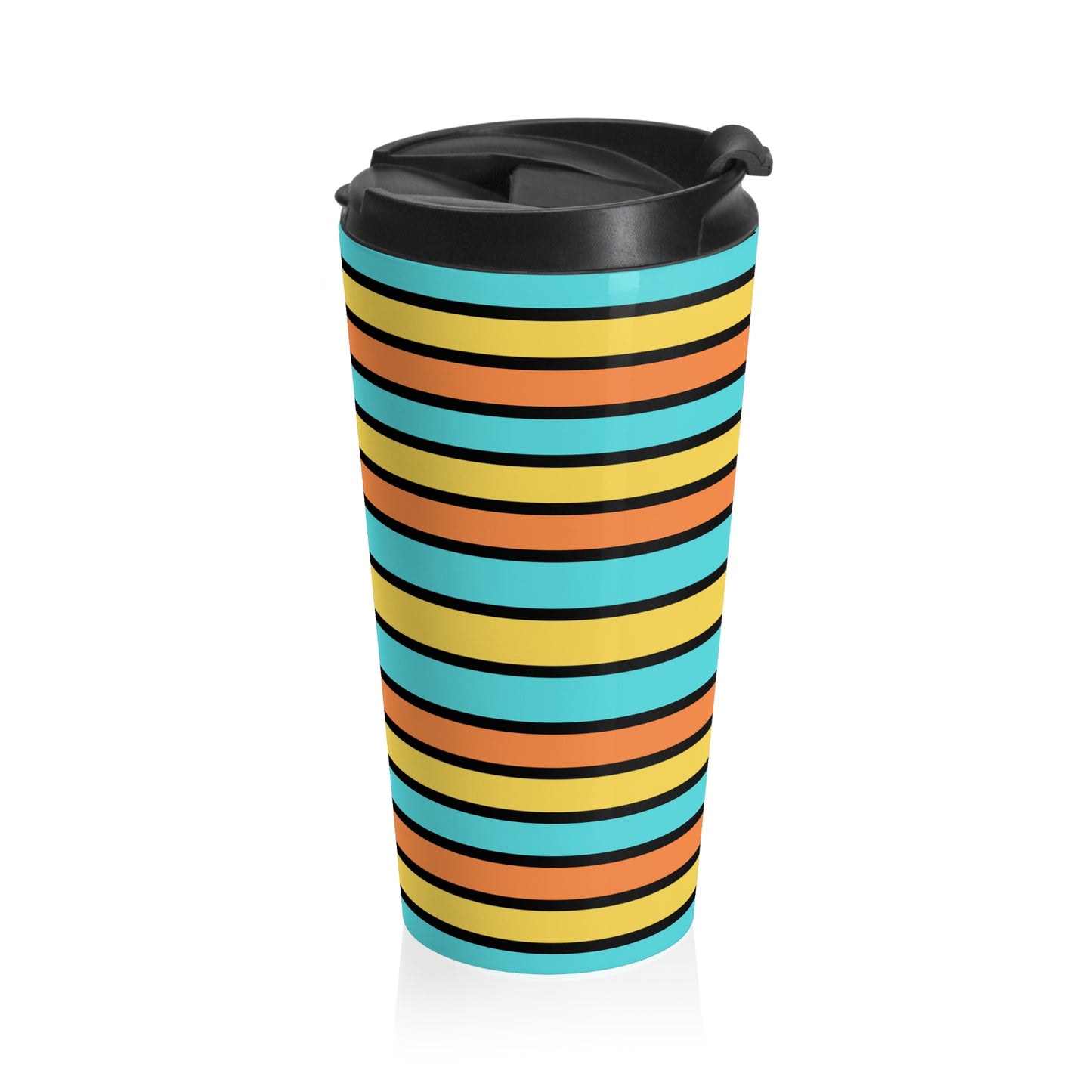 Funky 70's Style Retro Horizontal Striped Stainless Steel Travel Mug in Goldenrod/Teal/Orange