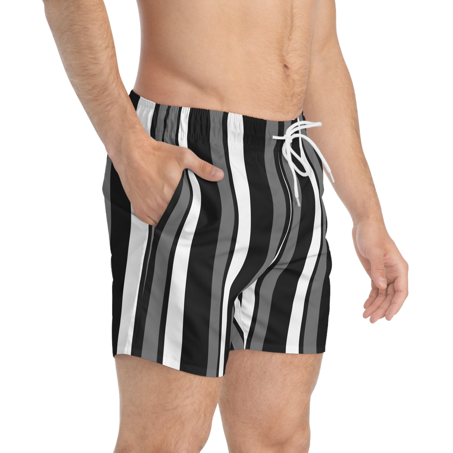 Funky 70's Style Retro Striped Swim Trunks in Monochrome Black/White/Grey