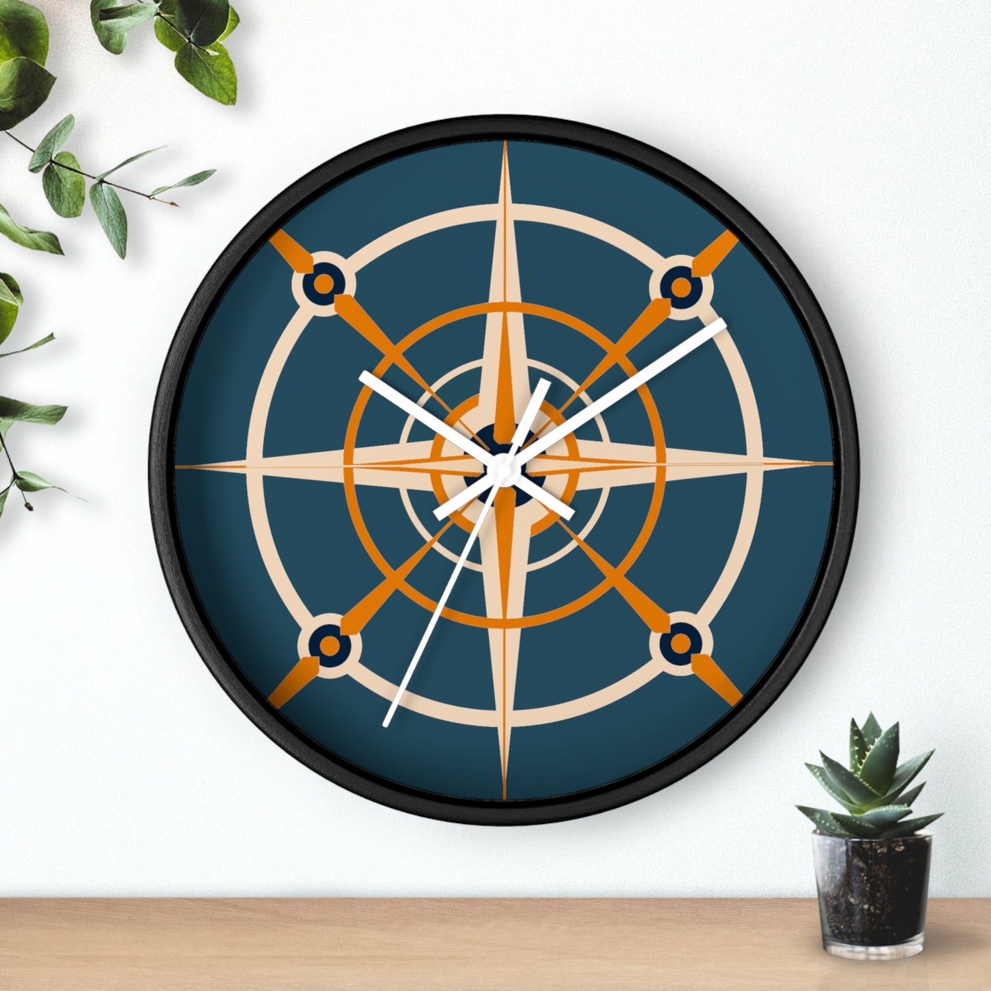 Creamsicle Cream and Blue Compass Rose Wall Clock