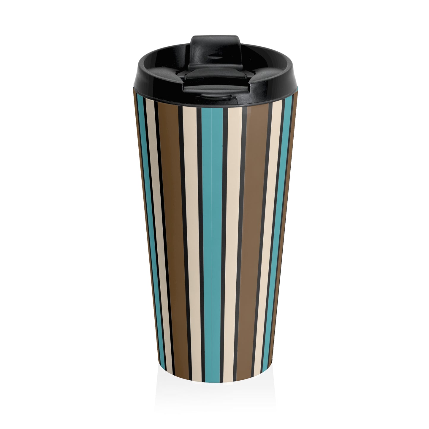 Funky 70's Style Retro Vertical Striped Stainless Steel Travel Mug in Light blue/Cream/Coffee Brown