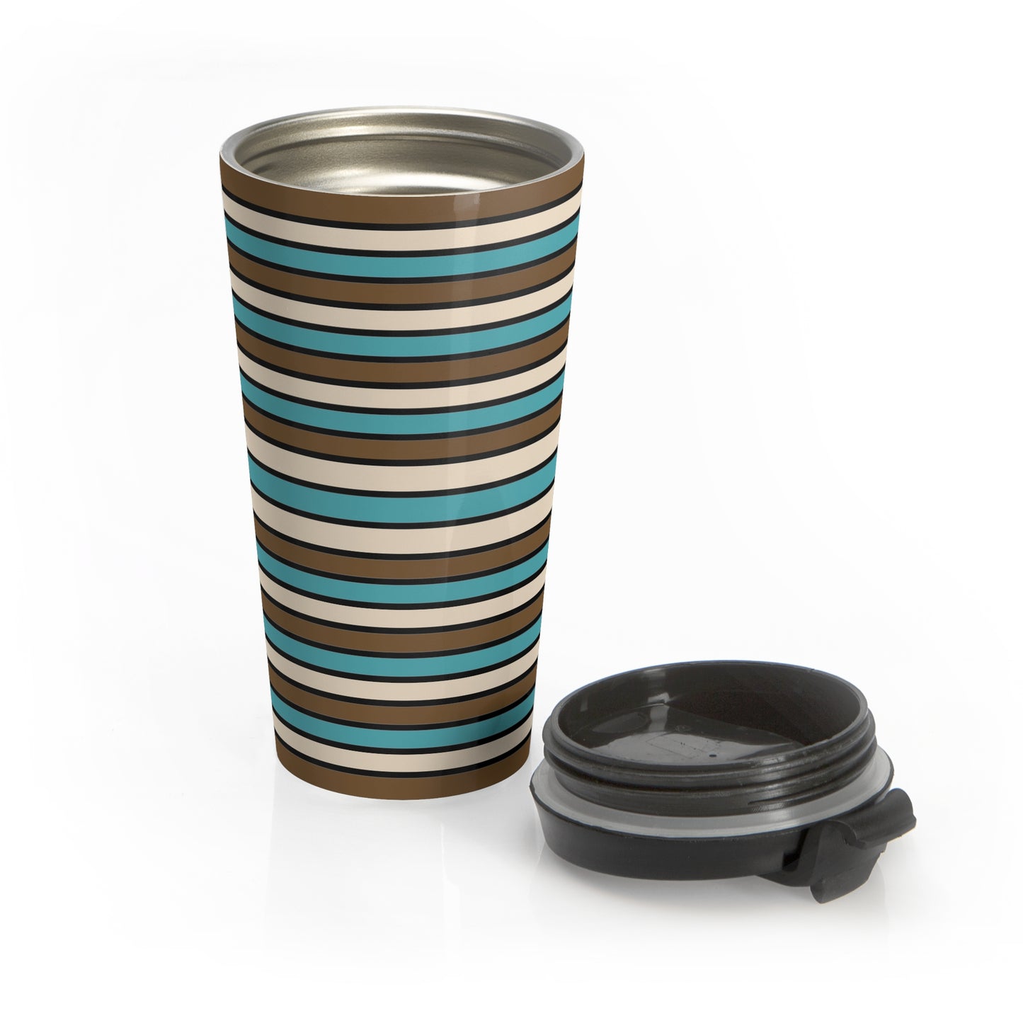 Funky 70's Style Retro Horizontal Striped Stainless Steel Travel Mug in Light blue/Cream/Coffee Brown