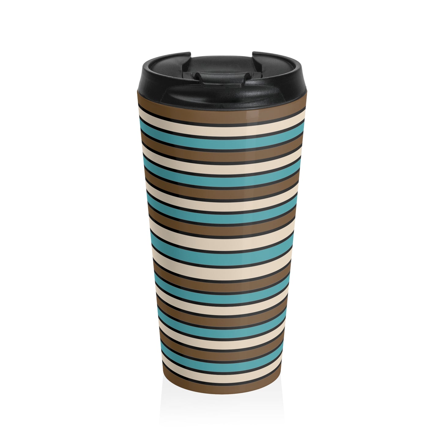 Funky 70's Style Retro Horizontal Striped Stainless Steel Travel Mug in Light blue/Cream/Coffee Brown