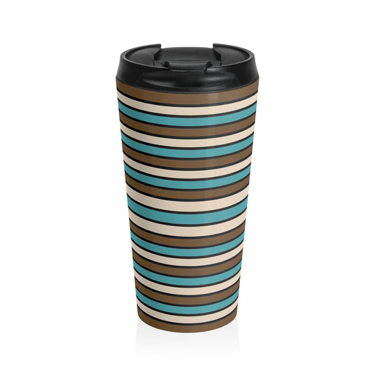 Funky 70's Style Retro Horizontal Striped Stainless Steel Travel Mug in Light blue/Cream/Coffee Brown