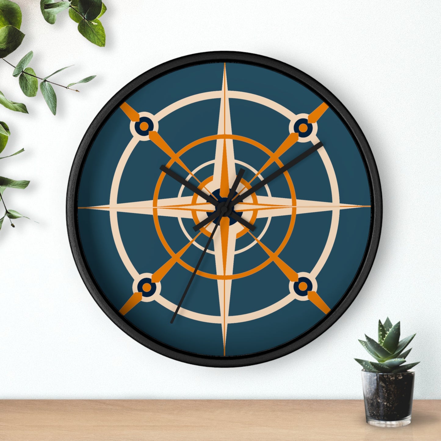 Creamsicle Cream and Blue Compass Rose Wall Clock