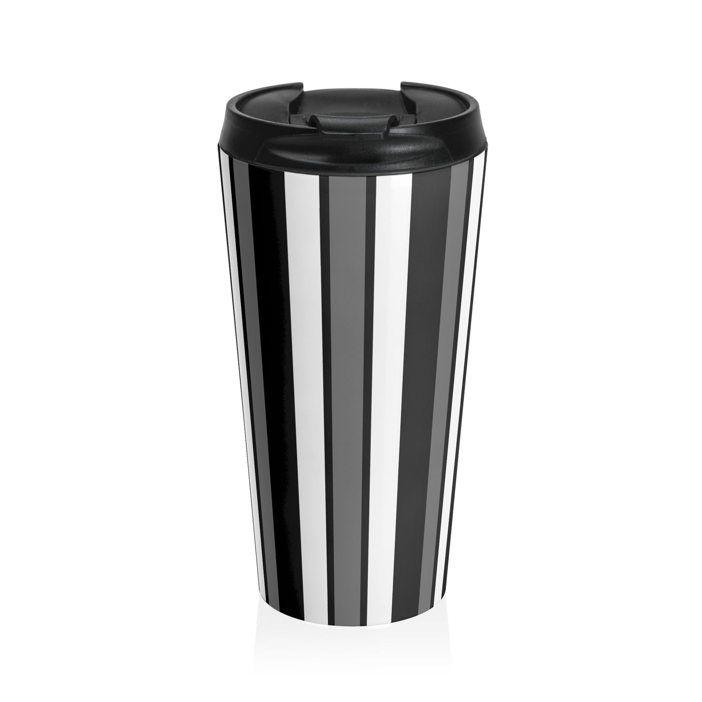 Funky 70's Style Retro Vertical Striped Stainless Steel Travel Mug in Monochrome Black/White/Grey