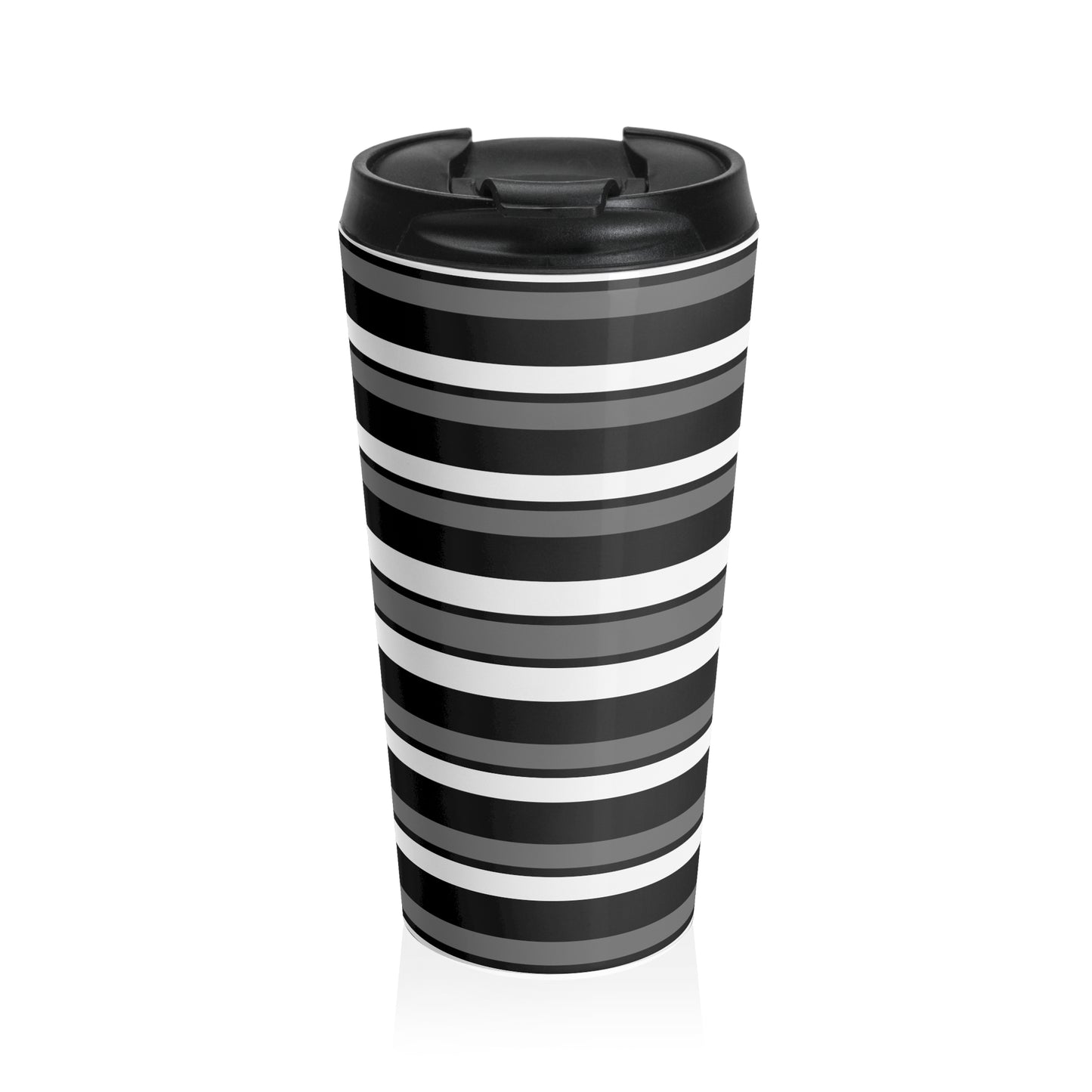 Funky 70's Style Retro Horizontal Striped Stainless Steel Travel Mug in Monochrome Black/White/Grey