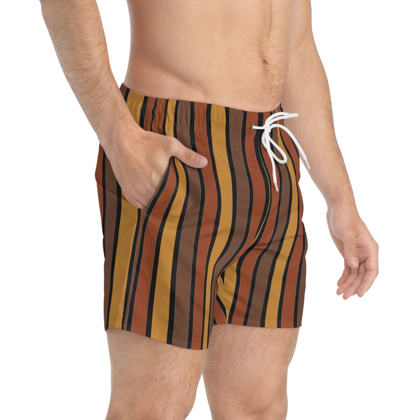 Funky 70's Style Retro Striped Swim Trunks in Shades of Mahogany