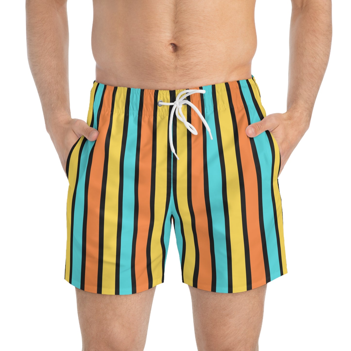 Funky 70's Style Retro Striped Swim Trunks in Goldenrod/Teal/Orange