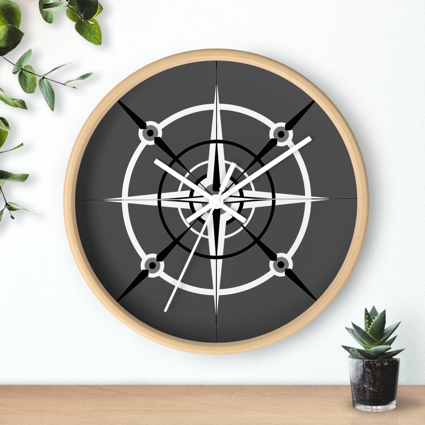 Smokey Monochrome Compass Rose Wall Clock