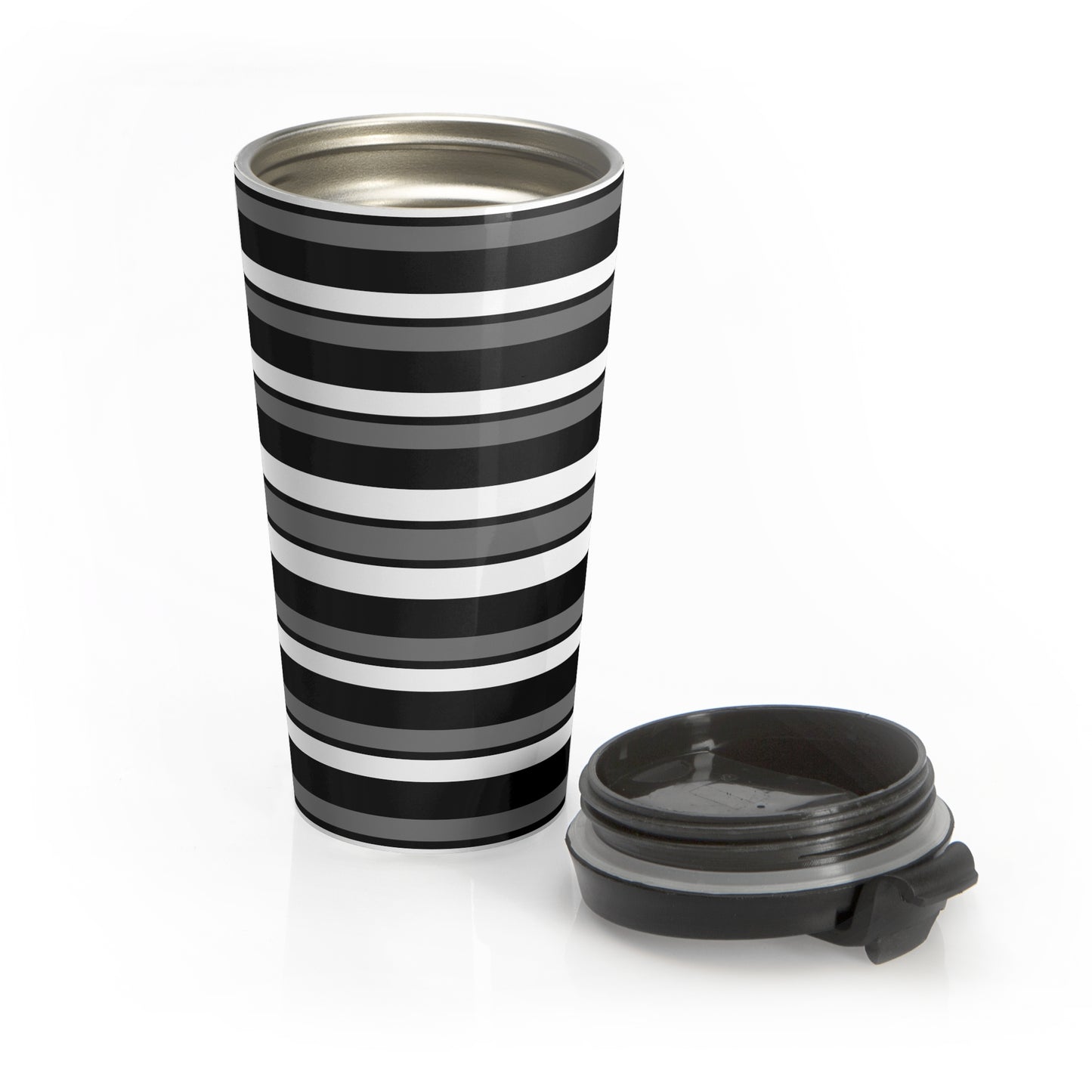 Funky 70's Style Retro Horizontal Striped Stainless Steel Travel Mug in Monochrome Black/White/Grey