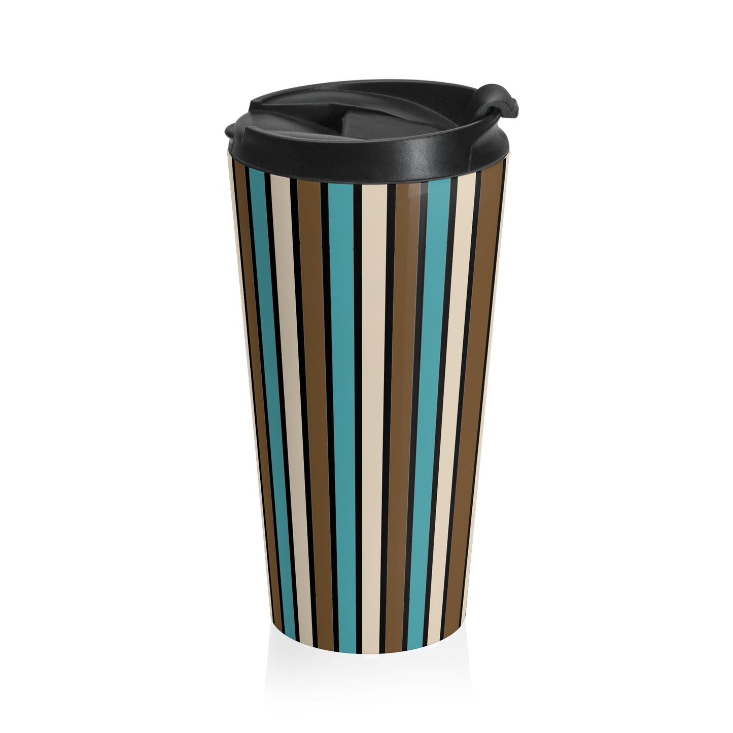 Funky 70's Style Retro Vertical Striped Stainless Steel Travel Mug in Light blue/Cream/Coffee Brown