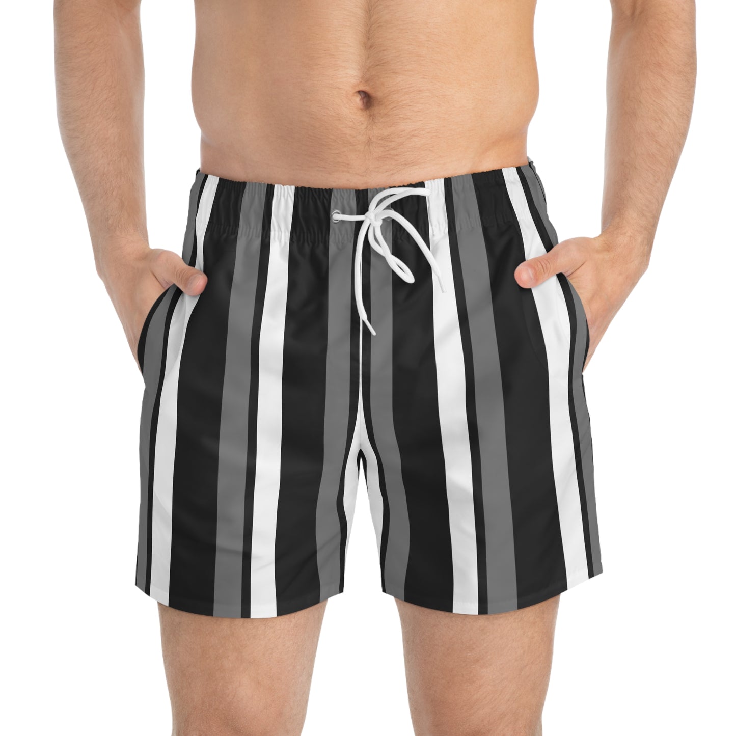 Funky 70's Style Retro Striped Swim Trunks in Monochrome Black/White/Grey