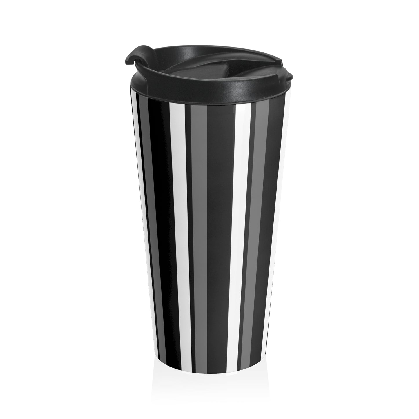 Funky 70's Style Retro Vertical Striped Stainless Steel Travel Mug in Monochrome Black/White/Grey