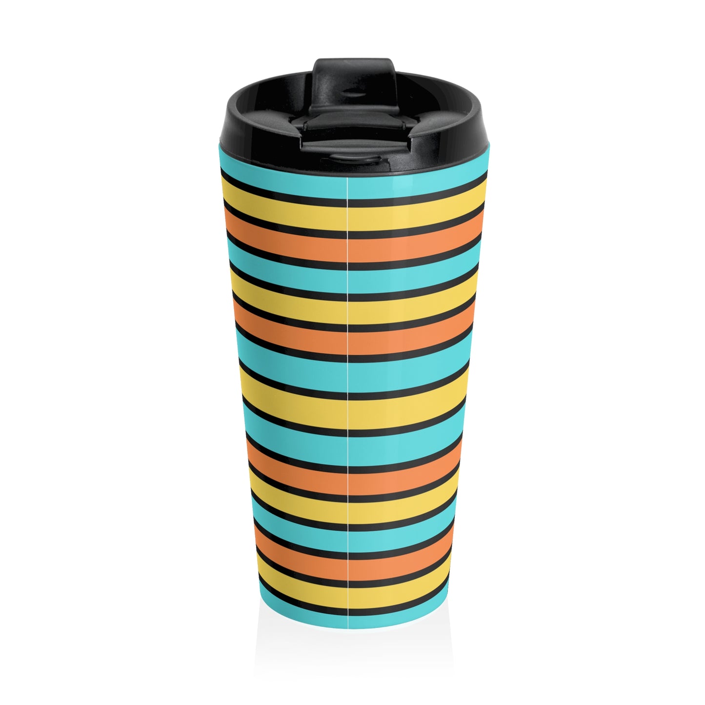 Funky 70's Style Retro Horizontal Striped Stainless Steel Travel Mug in Goldenrod/Teal/Orange