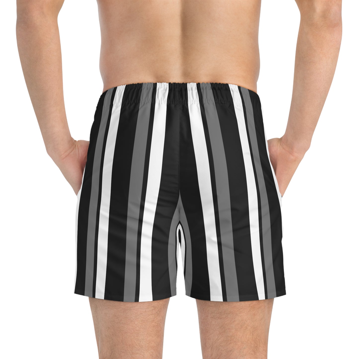 Funky 70's Style Retro Striped Swim Trunks in Monochrome Black/White/Grey