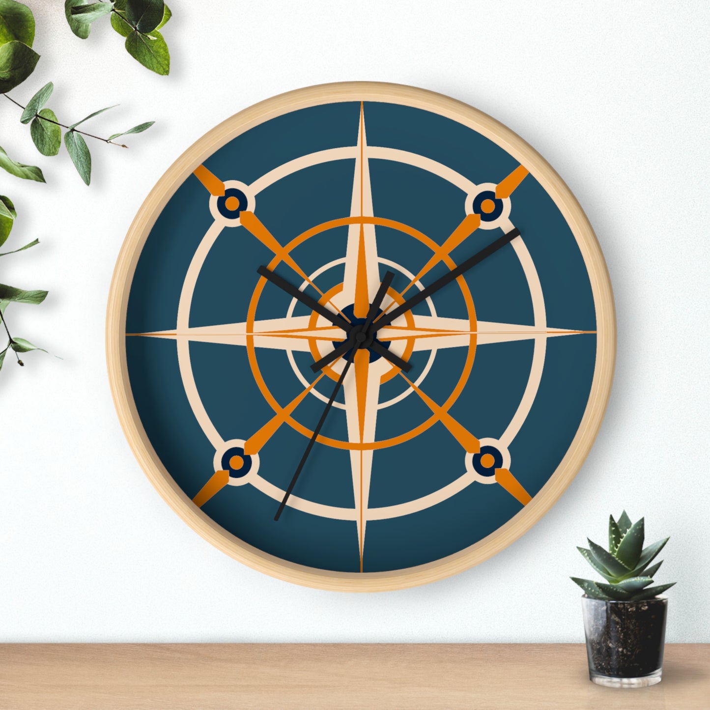 Creamsicle Cream and Blue Compass Rose Wall Clock