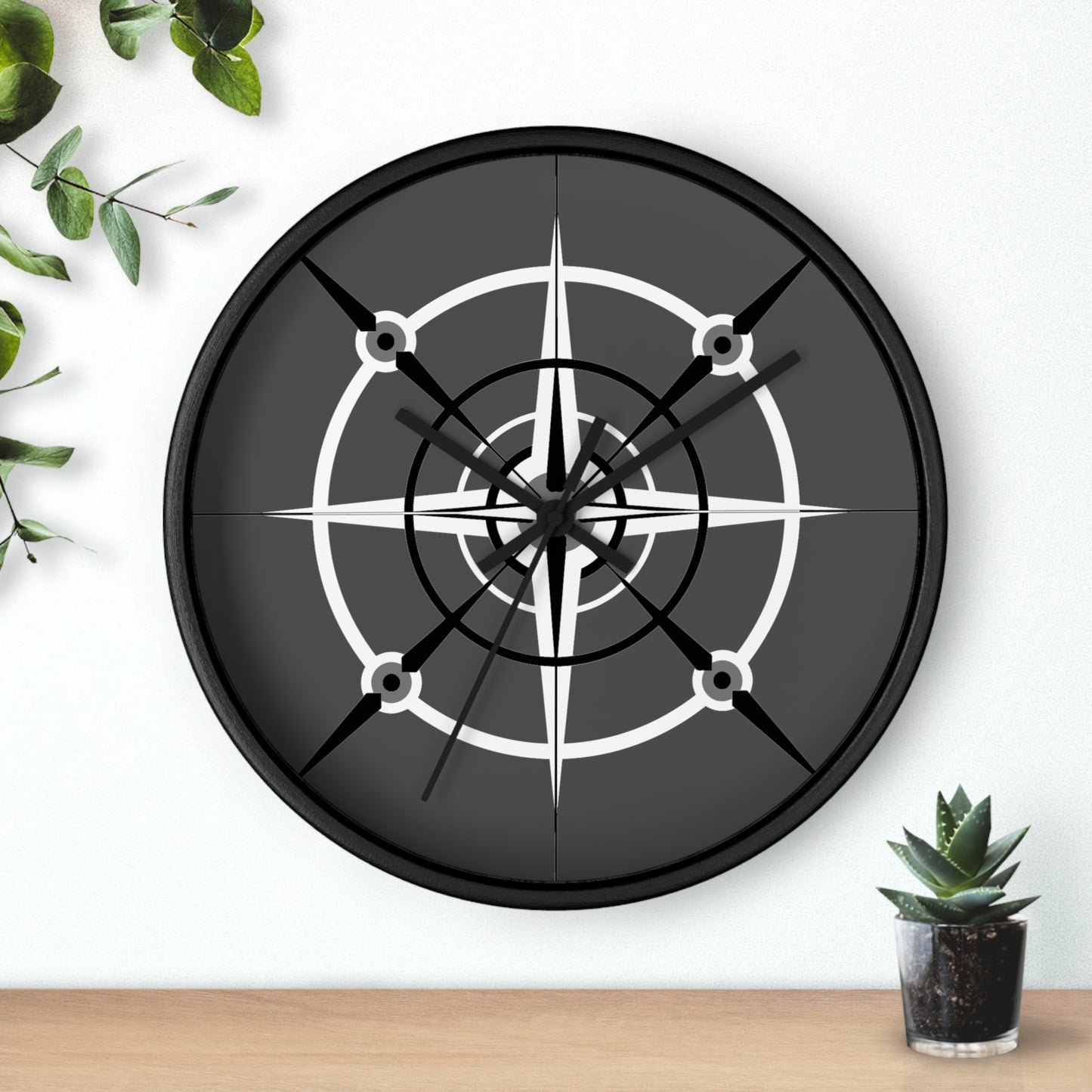 Smokey Monochrome Compass Rose Wall Clock