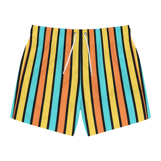 Funky 70's Style Retro Striped Swim Trunks in Goldenrod/Teal/Orange