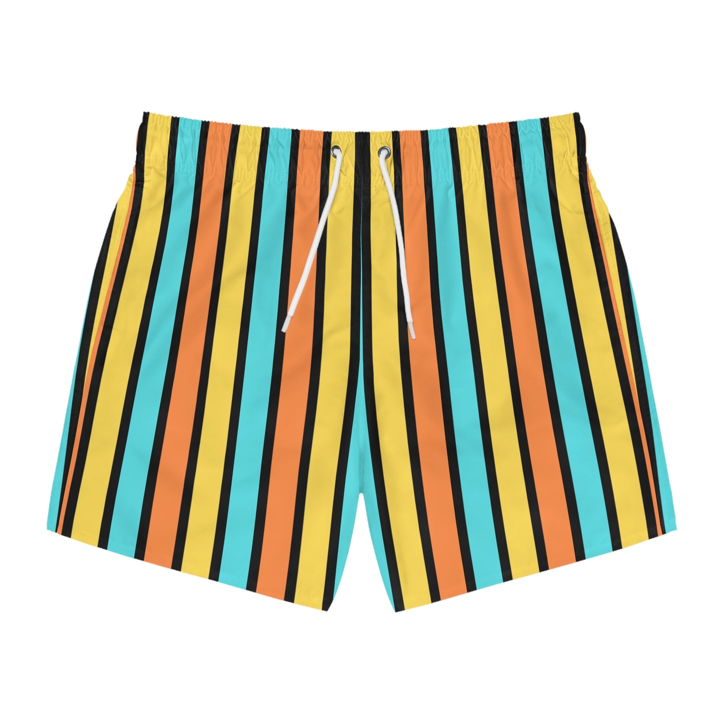 Funky 70's Style Retro Striped Swim Trunks in Goldenrod/Teal/Orange