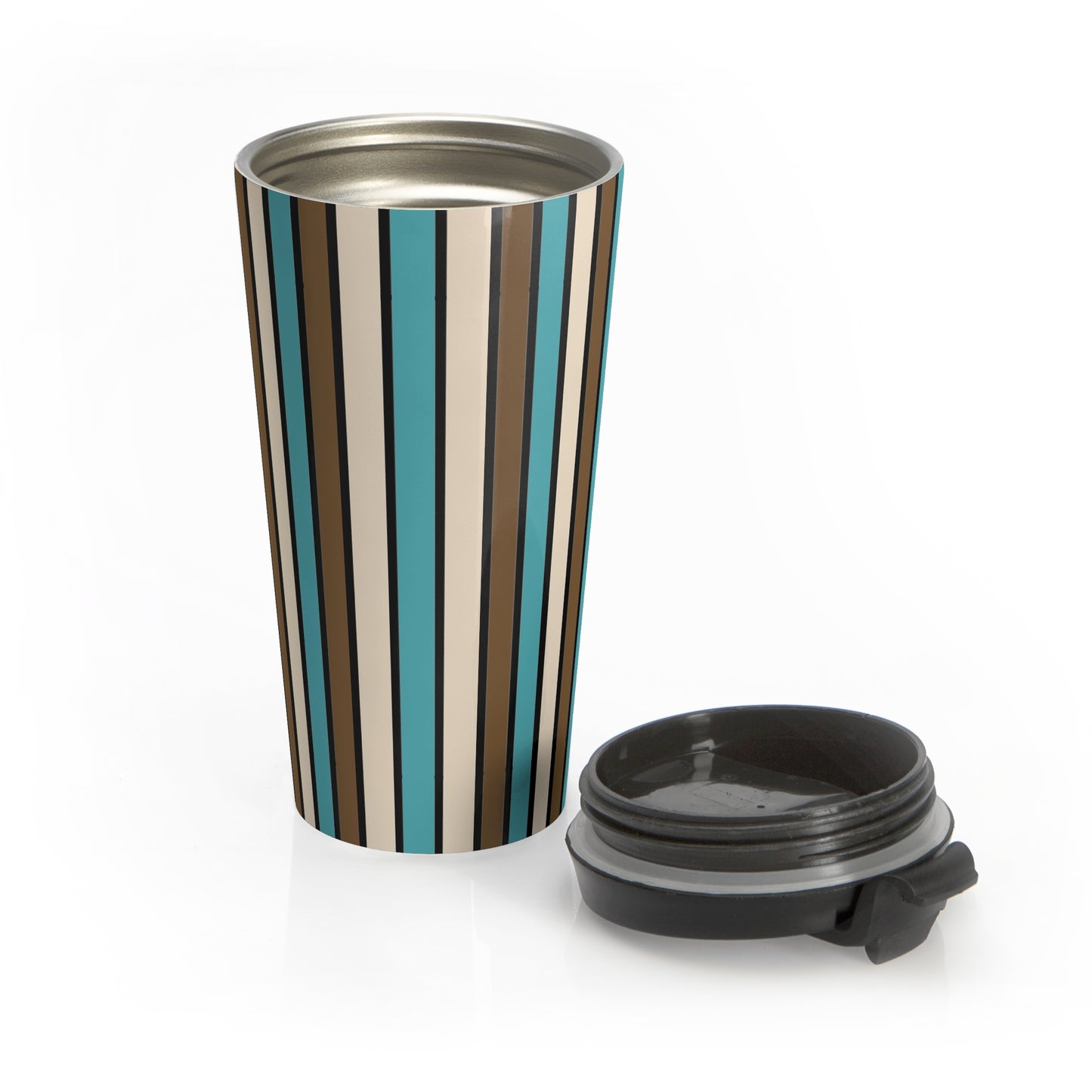 Funky 70's Style Retro Vertical Striped Stainless Steel Travel Mug in Light blue/Cream/Coffee Brown