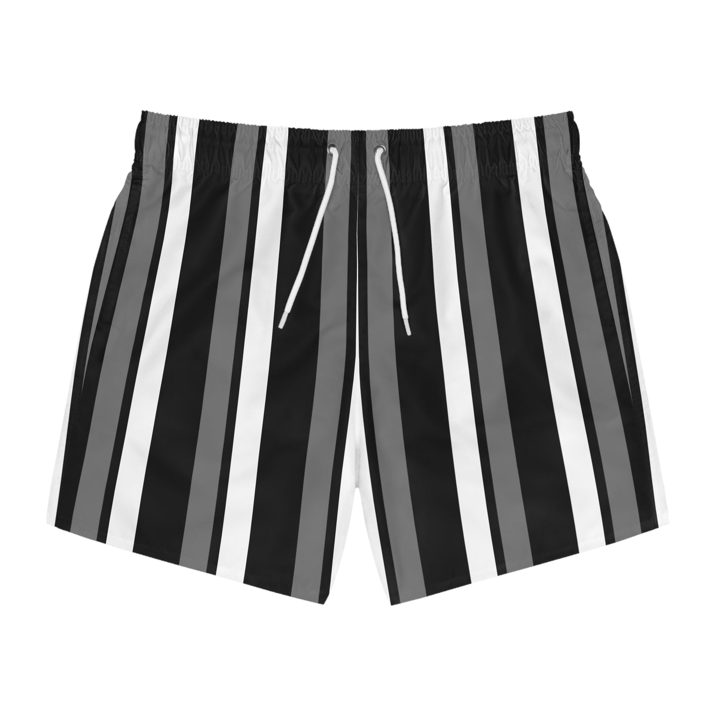 Funky 70's Style Retro Striped Swim Trunks in Monochrome Black/White/Grey